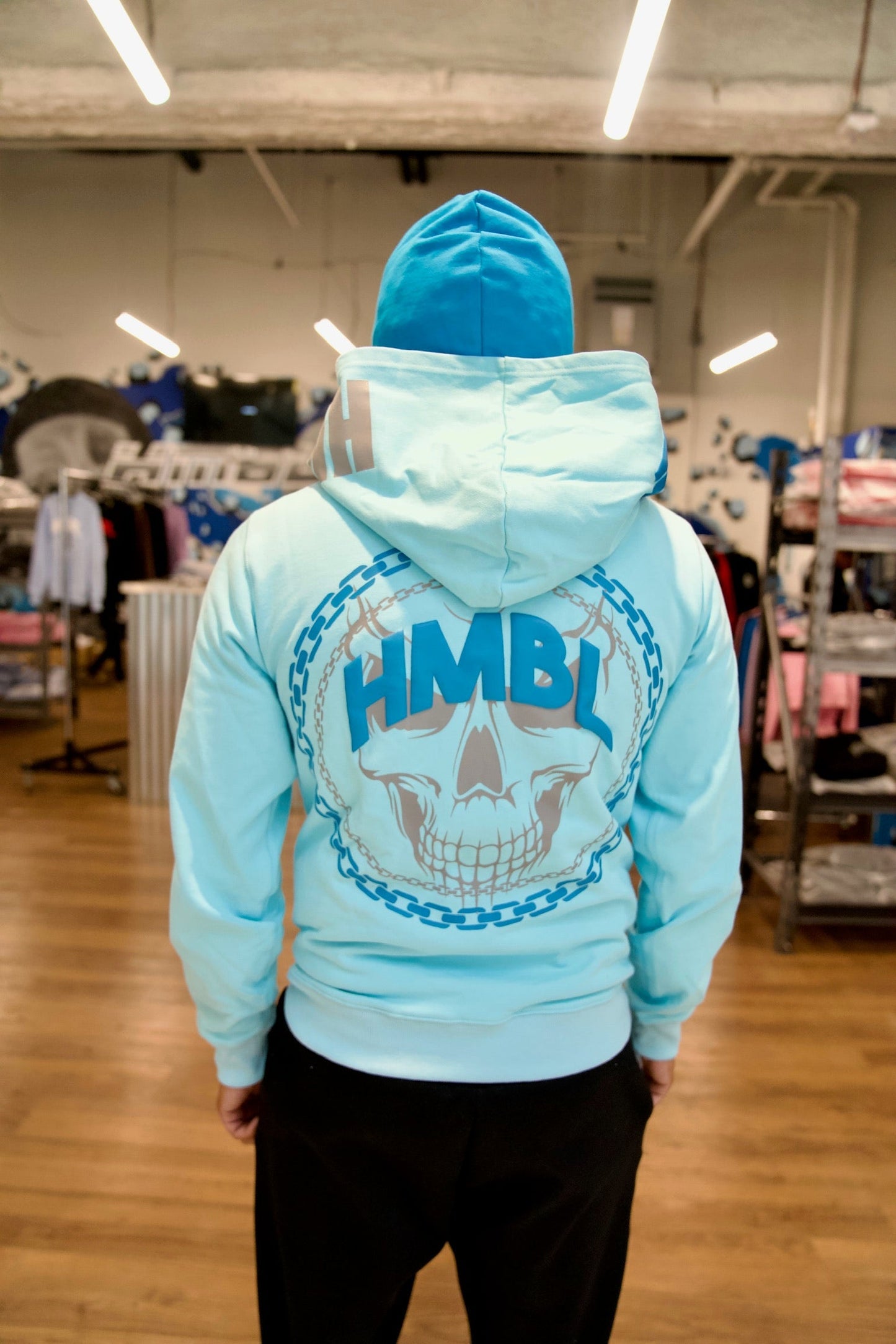 Aqua blue double hood full zip