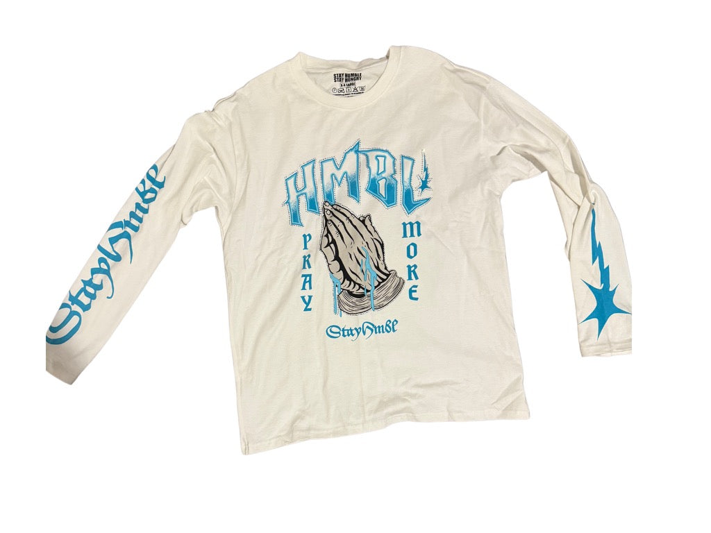 White and blue pray more long sleeve shirt