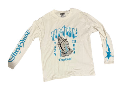 White and blue pray more long sleeve shirt