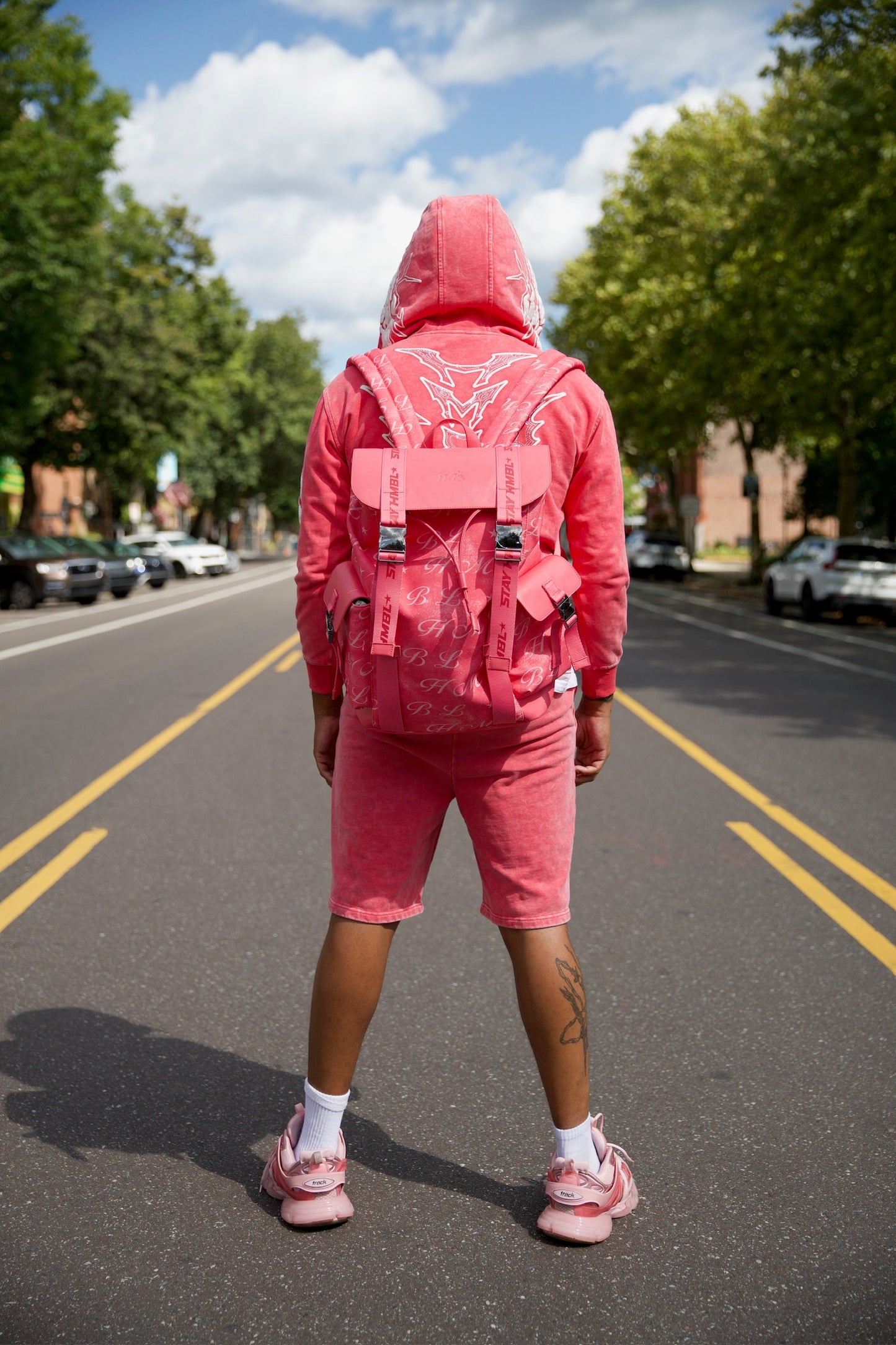 Pink HMBL designer signature back pack