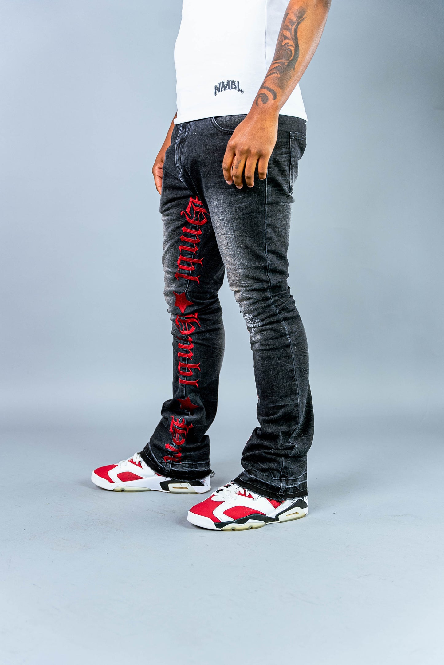 Red rain stacked jeans